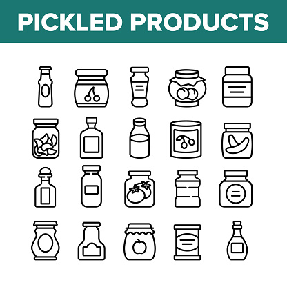 Pickled Product Food Collection Icons Set Vector. Pickled Berry And Fruit, Vegetables And Juice, Tomato And Cherry, Banana And Peach In Jar Concept Linear Pictograms. Monochrome Contour Illustrations
