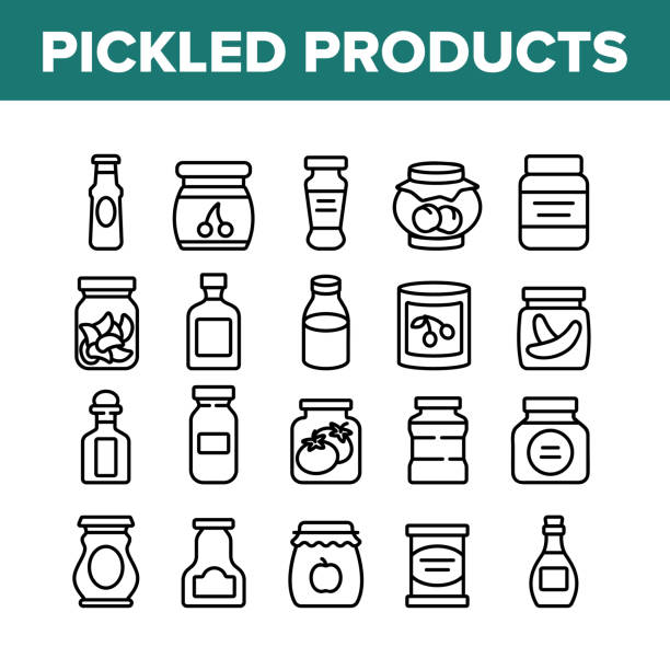 Pickled Product Food Collection Icons Set Vector Pickled Product Food Collection Icons Set Vector. Pickled Berry And Fruit, Vegetables And Juice, Tomato And Cherry, Banana And Peach In Jar Concept Linear Pictograms. Monochrome Contour Illustrations banana symbols stock illustrations