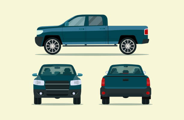 Pickup truck isolated. Pickup truck with side view, back view and front view. Vector flat style illustration Pickup truck isolated. Pickup truck with side view, back view and front view. Vector flat style illustration truck stock illustrations