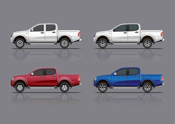 pickup truck different type of 4 doors pickup truck, isolated on grey background, vector illustration. truck stock illustrations