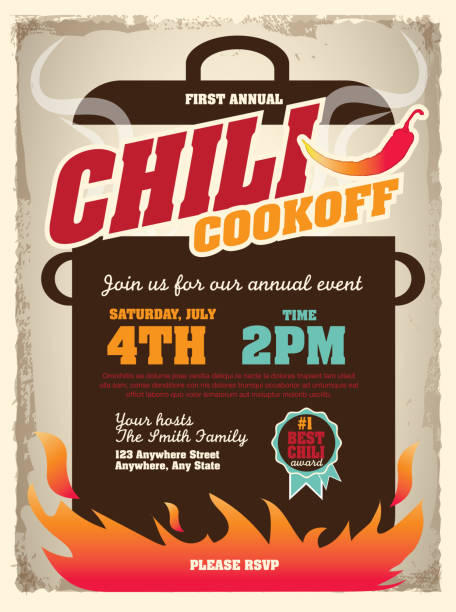 Picnic and barbecue chili cookoff invitation design template Vector illustration of a Chili Cookoff invitation design template. Bright and colorful. Includes yellow, red color themes with large crock pot on flames. Textured background Perfect for white background design for picnic invitation design template, summer barbecue event, picnic celebration, backyard bbq, private or corporate party, birthday party, fun family event gathering, potluck supper. cooking competition stock illustrations