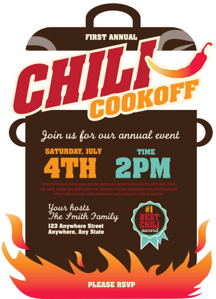 Picnic and barbecue chili cookoff invitation design template Vector illustration of a Chili Cookoff invitation design template. Bright and colorful. Includes turquoise, red color themes with large crock pot on flames. Perfect for white background design for picnic invitation design template, summer barbecue event, picnic celebration, backyard bbq, private or corporate party, birthday party, fun family event gathering, potluck supper. cooking competition stock illustrations