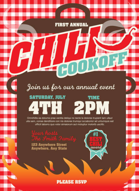 Picnic and barbecue chili cookoff invitation design template Vector illustration of a Chili Cookoff invitation design template. Bright and colorful. Includes turquoise and red color themes with checkered table cloth. Perfect for pattern background for picnic invitation design template, summer barbecue event, picnic celebration, backyard bbq, private or corporate party, birthday party, fun family event gathering, potluck supper. cooking competition stock illustrations