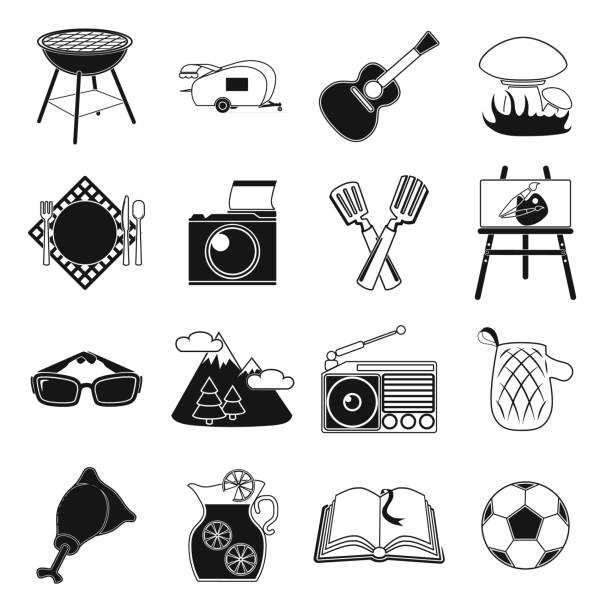 Picnic and equipment black icons in set collection for design. Picnic in the nature vector symbol stock web illustration. Picnic and equipment black icons in set collection for design. Picnic in the nature vector symbol stock  illustration. ham radio stock illustrations