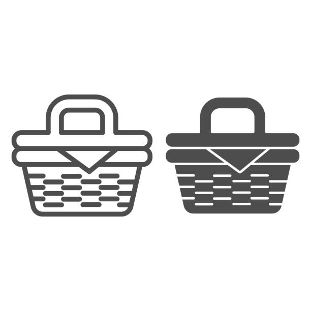 Picnic basket line and solid icon, summer time concept, Wicker picnic basket sign on white background, basket with food for outdoor leisure icon in outline style for mobile and web. Vector graphics. Picnic basket line and solid icon, summer time concept, Wicker picnic basket sign on white background, basket with food for outdoor leisure icon in outline style for mobile and web. Vector graphics picnic stock illustrations