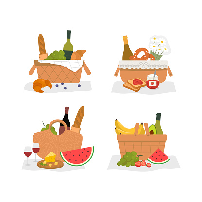 Picnic baskets full of food. Spring or Summer picnic baskets set. Isolated. Vector