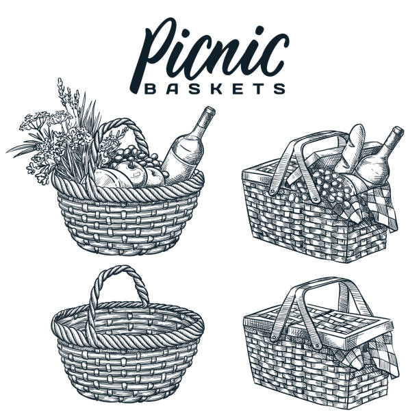 Picnic baskets isolated on white background. Vector hand drawn sketch illustration. Summer outdoor lunch design elements Picnic baskets set, isolated on white background. Vector hand drawn sketch illustration. Summer outdoor lunch, dinner design elements and calligraphy lettering. Pottle with wine, bread and snack food picnic stock illustrations