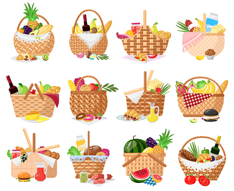 Picnic baskets. Wicker willow picnic baskets with bread, fruits, vegetables and wine. Straw basket full of delish picnic food vector illustrations