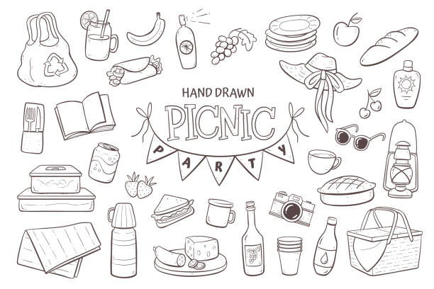 Picnic doodle set Picnic doodle set. Hand drawn picnic elements isolated on white background. picnic stock illustrations