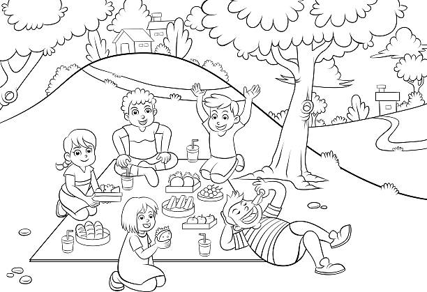 picnic  for colouring. picnic  for colouring. EPS10 File. drawing of family picnic stock illustrations