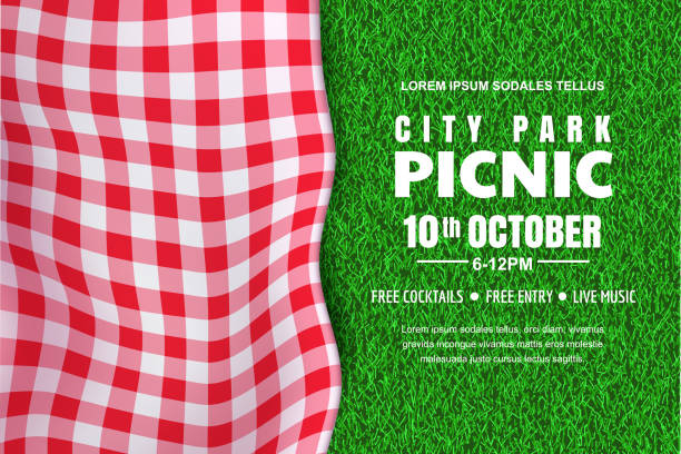 Picnic horizontal background. Vector poster or banner template with realistic red gingham plaid on green grass lawn Picnic horizontal background. Vector poster or banner design template with realistic red gingham plaid on green grass lawn. Outdoors summer weekend in city park. grass patterns stock illustrations