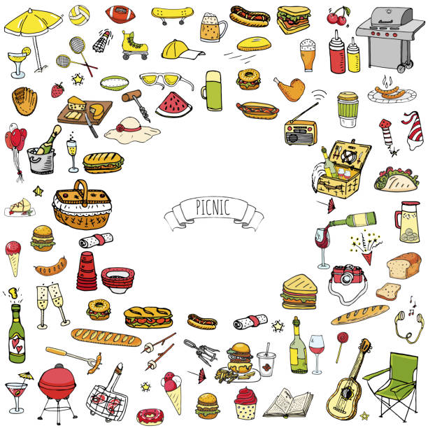 Picnic icons set Hand drawn doodle Picnic icons set Vector illustration barbecue sketchy symbols collection Cartoon bbq concept elements Summer picnic Umbrella Guitar Food basket Drinks Wine Sandwich Sport activities food borders stock illustrations