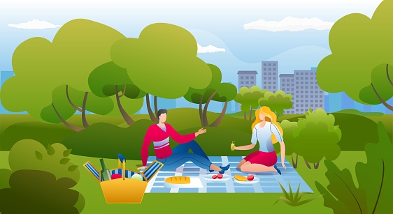 Picnic in park, vector illustration, happy young couple man woman character eat food at summer nature, outdoor leisure at grass together.