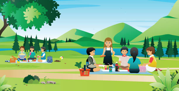 stockillustraties, clipart, cartoons en iconen met picknick in het park - family garden,party