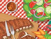 Picnic Table With BBQ foods. There is an assortment of foods on a red plaid tablecloth. There is space for text.