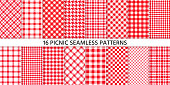 Picnic tablecloth seamless pattern. Red gingham backgrounds. Vector. Plaid cloth napkin textures. Set checkered kitchen prints. Retro wallpaper with check square glen houndstooth. Color illustration