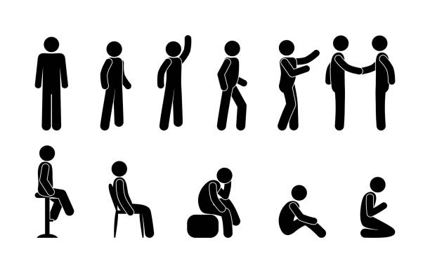pictogram people are standing and sitting, waving hands, praying, man illustration pictogram people are standing and sitting, waving hands, praying, man illustration, human silhouettes on a white background stick figure stock illustrations