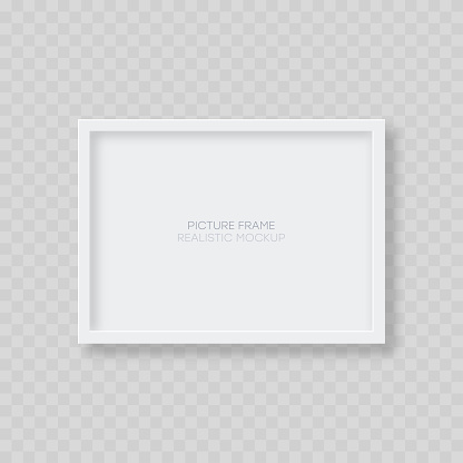 Picture frame mockup. Realistic blank horizontal white picture frame template with shadow isolated on transparent background. Vector illustration.