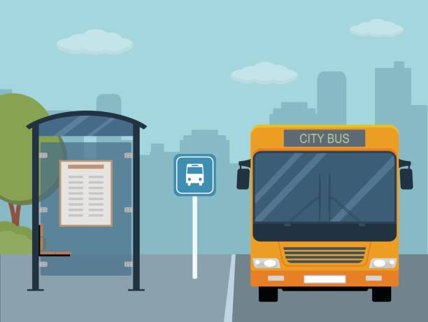 Picture of bus on the bus stop. Picture of bus on the bus stop. Flat style illustration bus stock illustrations