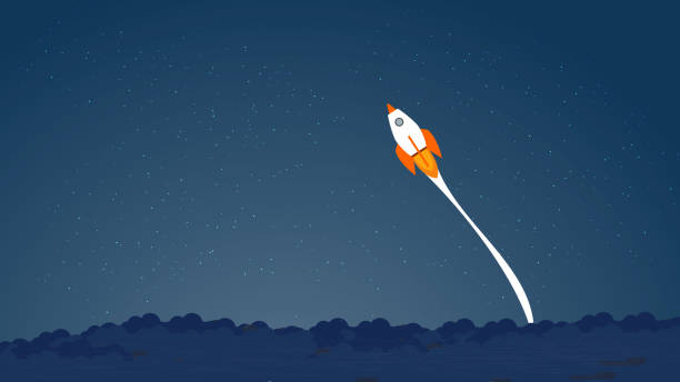 Picture of rocket flying above clouds, business startup banner concept, flat style illustration. Succes concept, pass the limits concept Picture of rocket flying above clouds, business startup banner concept, flat style illustration. Succes concept, pass the limits concept. rocketship backgrounds stock illustrations