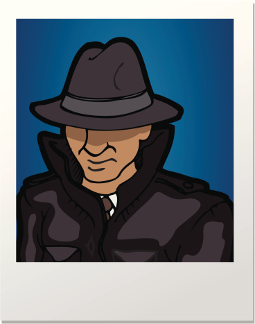 A man dressed in a black trench coat with the collar turned up obscuring his face.  Also wearing a black felt hat, further obscuring his face.  He has on a white shirt and tie, which can barely be seen.  The background is blue. vector