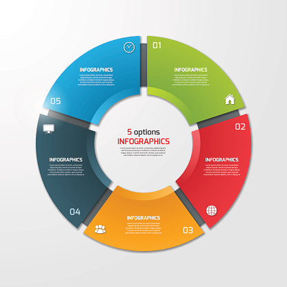 Pie chart circle infographic template with 5 options.