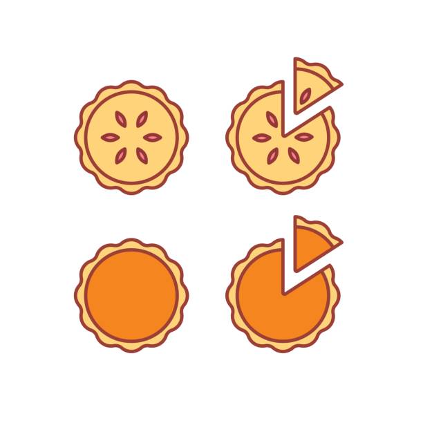 Pie icons set Pie icons set, isolated vector illustration. Traditional pumpkin and strawberry pies, whole and cut piece. Modern simple flat line style icons. sweet pie stock illustrations