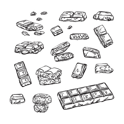 Pieces of black and white chocolate bar. Hand-drawn sketch, chocolate dessert illustration . Vector