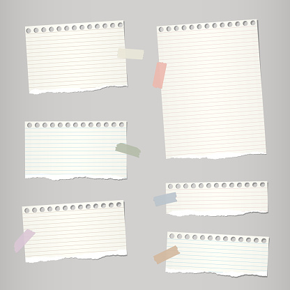 Pieces of light brown torn note, notebook paper sheets with colorful adhesive, sticky tape stuck on grey background