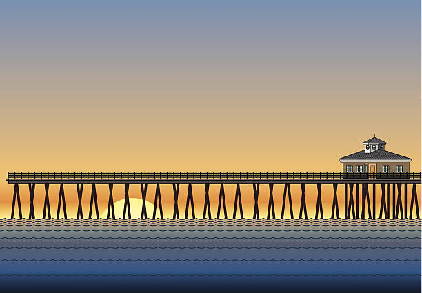 Pier With Sunset vector art illustration