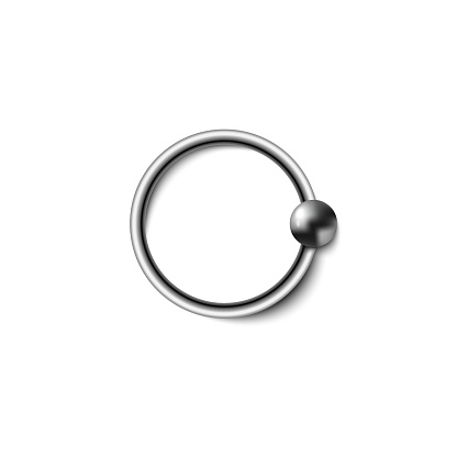 Piercing steel circle earring with decorative ball element, realistic mockup vector illustration isolated on white background. Piercing jewelry accessory.
