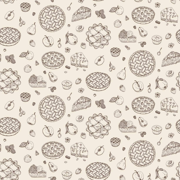 Pies, pie pieces and muffins with fruits and berries. Seamlessly pattern in graphic sketch style. Vector hand drawn vintage outline illustration for poster, label and menu bakery shop. Pies, pie pieces and muffins with fruits and berries. Seamlessly pattern in graphic sketch style. Vector hand drawn vintage outline illustration for poster, label and menu bakery shop. sweet pie stock illustrations