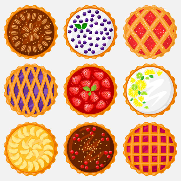 Pies top view. Baking food, delicious apple, blueberry, pecan and tasty cherry pie. Sweet pastry view from above vector illustration set Pies top view. Baking food, delicious apple, blueberry, pecan and tasty cherry pie. Sweet pastry view from above vector illustration set. Homemade tart for dessert with lemon and lime sweet pie stock illustrations