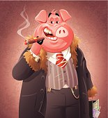 A rich pig with a cigar and a briefcase full of money. EPS 10 (image contains transparencies), fully editable, grouped and labeled in layers.
