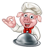 A pig chef cartoon character mascot holding a silver platter cloche food dome tray and doing a perfect hand gesture