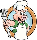 Vector Illustration of a pig chef holding a spatula and smiling. File saved on layers for easy editing.
