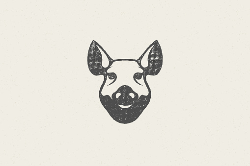 Pig head silhouette for meat industry hand drawn stamp effect vector illustration