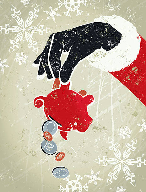 stockillustraties, clipart, cartoons en iconen met piggy bank being held upside down by a santa - geldstress