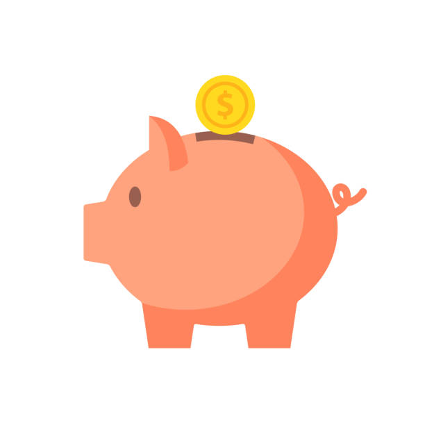 ilustraciones, imágenes clip art, dibujos animados e iconos de stock de hucha con la ilustración de vector de moneda estilo plano - piggy bank