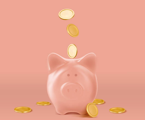 Piggy bank with stack of gold coin, saving or save money or open a bank deposit concept. Realistic vector vector art illustration