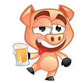 Drunken pig, he has a berr glass