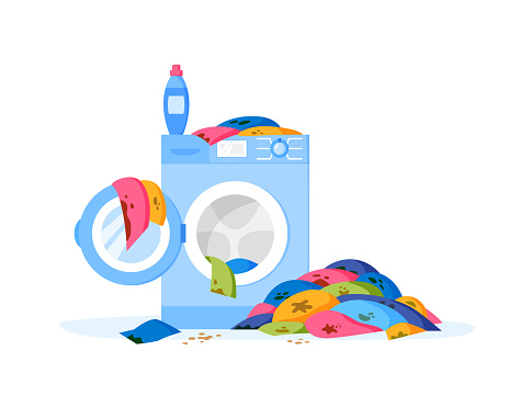 Pile of dirty clothes on floor. Washing machine and liquid detergent bottle. Heap of dirty laundry. Stack of dirty apparel on laundry day. Flat vector illustration.