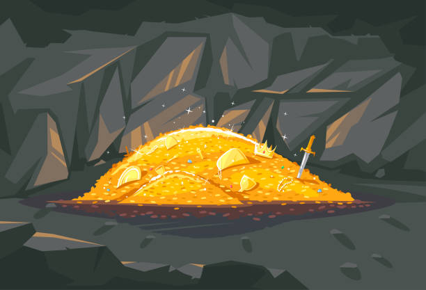 Pile of golden treasure in cave illustration Big bright pile of gold coins with different treasures in dark cave, treasures hidden deep in the cave, wealth conceptual illustration antiquities stock illustrations