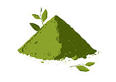 Vector hand drawn matcha illustration. Pile of matcha tea powder with green tea leaves.