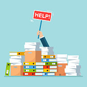 Pile of paper, document stack with carton, cardboard box, folder. Stressed employee in heap of paperwork. Busy businessman with help sign. Bureaucracy concept. Vector cartoon design