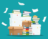 Pile of paper documents and file folders in carton boxes. Paperwork in office. Flat cartoon style vector illustration.