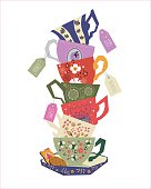 Pile of stylized teacups with teabags and biscuits alongside, vector illustration with hand drawn decorative elements.