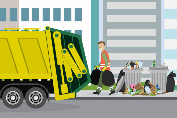 stockillustraties, clipart, cartoons en iconen met stapel van verschillende vuilnis op city street. recycling van stedelijk afval. vuilniswagen en vuilnis man verzamelaar. - waste disposal