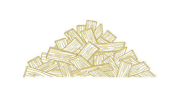 Pile of wooden boards. Building lumber material. Heap of construction production. Hand drawn line sketch. Vector illustration.