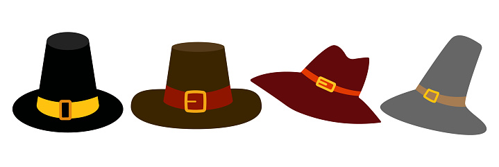 Pilgrim hat icon, flat style. Thanksgiving headdress. Isolated on white background. Vector illustration.